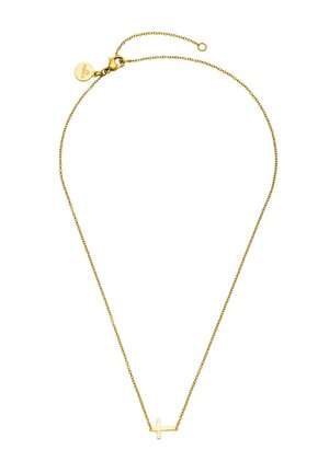 Feine goldene Halskette mit kleinem horizontalem Kreuzanhänger und rundem Verschlussanhänger.