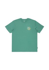 Kortærmet t-shirt i teal farve lavet af bomuld, med et farverigt blomsterdesign på venstre bryst og en regular fit, der fremhæver den bløde tekstur og enkle design.
