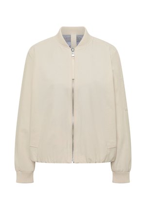 Veste bomber beige clair avec fermeture éclair à l'avant, col, poignets et ourlet côtelés, et deux poches latérales.