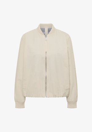 Světlé béžové bomber sako se zipem vpředu, žebrovaným límcem, manžetami a lemem a dvěma bočními kapsami.