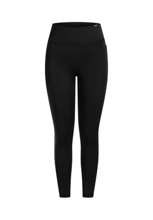 Leggings noirs en matériau extensible, avec une taille haute et des poches latérales, d'un fini lisse et mat.