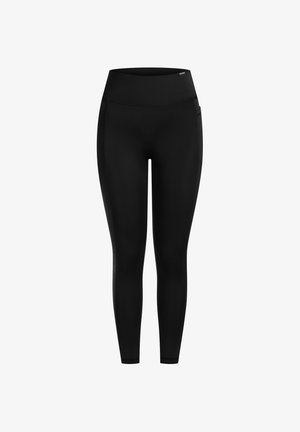 Schwarze Leggings aus elastischem Material, mit einem hohen Bund und seitlichen Taschen, in einem glatten, matten Finish.