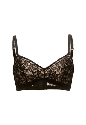 Svart spets-bh med blommönster, underwire-stöd, justerbara remmar och en solid elastisk band nedanför. Intrikata spetssdetaljer över hela.