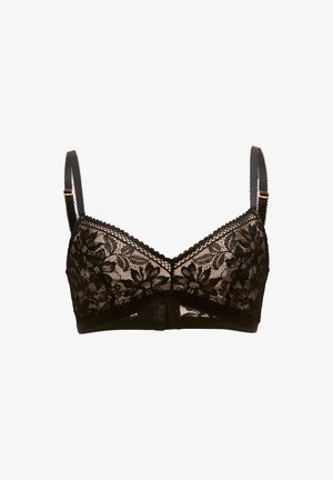 Sort blonde bh med blomsterprint, udtagelig støtte, justerbare stropper og en solid elastik forneden. Fint blonderarbejde overalt.