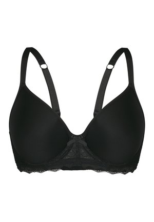 Schwarzer BH mit gepolsterten Cups und verstellbaren Trägern. Mit Stickkante am unteren Rand. Glattes Material mit nahtlosem Design.