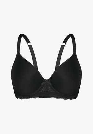 Sort bh med polstrede kopper og justerbare stropper. Har blondedetaljer langs bunden. Glat stof med et sømløst design.