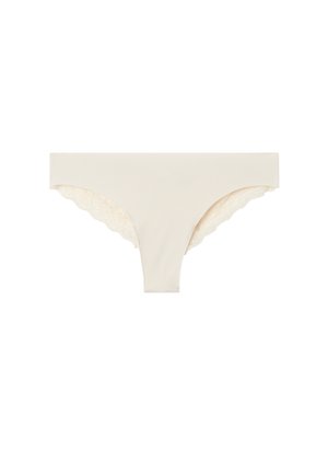 Cream-colored panties with a smooth front and lace trim along the back edges, featuring a scalloped design. Made from soft fabric.