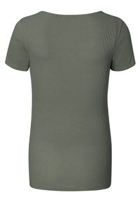 Oliven grøn ribbet t-shirt, korte ærmer, rund halsudskæring, blød tekstur og en afslappet pasform. Enkel design, ingen mønstre eller udsmykninger.