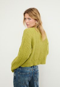 Gekürzter grüner Strickpullover mit Fischgrätenmuster und geripptem Saum. Kombiniert mit hochgeschnittenen blauen Denim-Jeans.