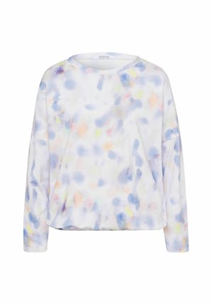 Weißes Sweatshirt mit langen Ärmeln, lockerem Schnitt und weichen pastellfarbenen Aquarellflecken in Blau-, Rosa-, Gelb- und Orangetönen.