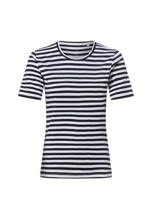 Czarna i biała koszulka w poziome paski z krótkim rękawem i okrągłym dekoltem, dopasowany krój, pokazana na białym tle.