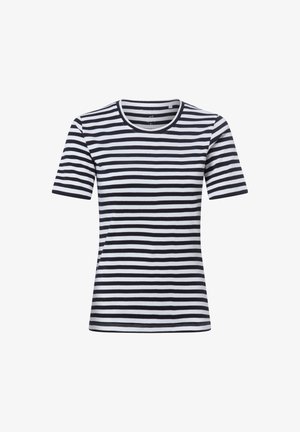 Schwarz-weiß gestreiftes T-Shirt mit kurzen Ärmeln und Rundhalsausschnitt, figurbetonter Schnitt, gezeigt auf weißem Hintergrund.