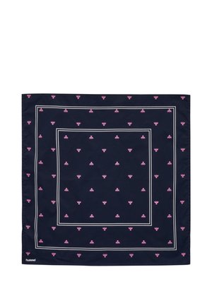 Foulard carré bleu marine avec petits motifs roses d'abeilles répétées et deux bordures rectangulaires avec lignes blanches, logo hummel dans le coin.