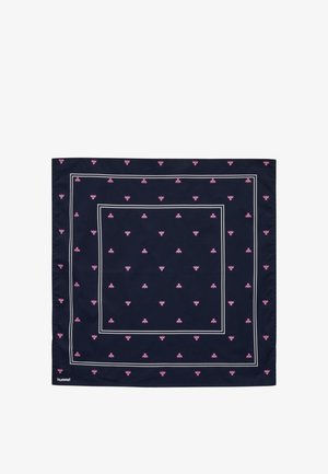 Marineblauw vierkant sjaaltje met kleine herhalende roze bijenpatronen en twee wit omlijnde rechthoekige randen, hummel-logo in de hoek.