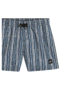 Costume da bagno con un motivo a strisce verticali blu e bianche, dotato di una cintura con cordino nera e una toppa con logo laterale.