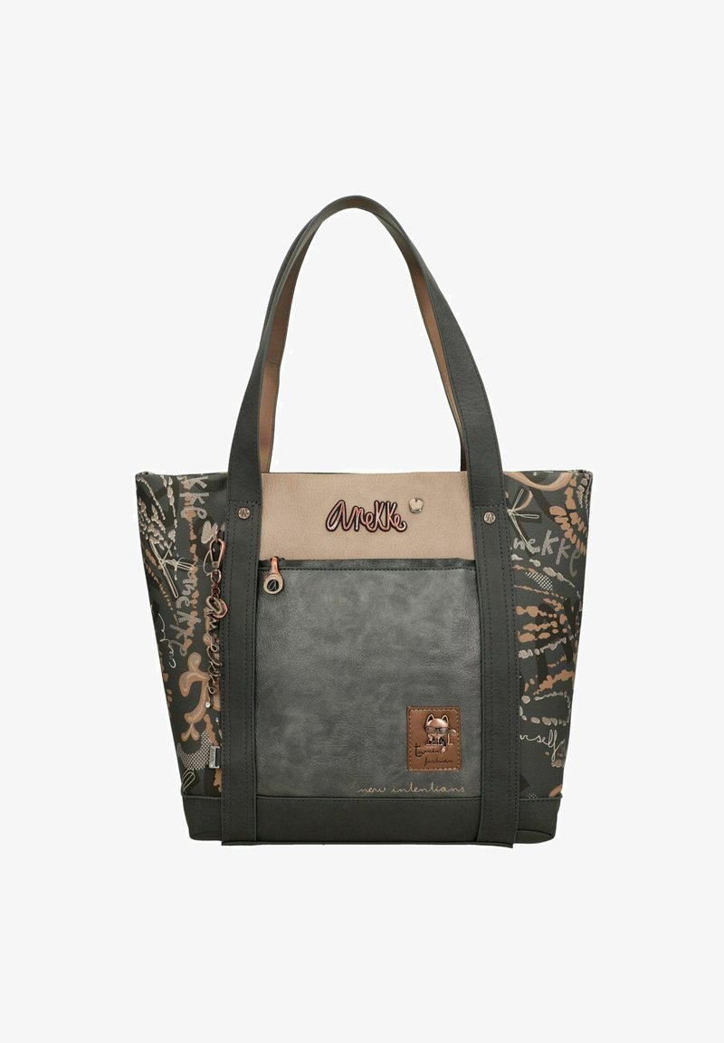 Borsa a tracolla in materiale sintetico verde scuro, con pannello beige e decorazioni stampate. Presenta manici doppi e una tasca con zip.