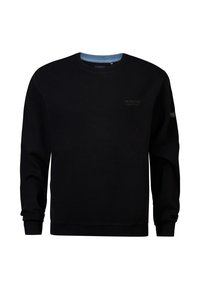 Zwarte sweatshirt met een ronde hals en lange mouwen. Voorzien van een blauwe geribbelde kraag en subtiele branding op de borst en de mouw. Zachte stof.