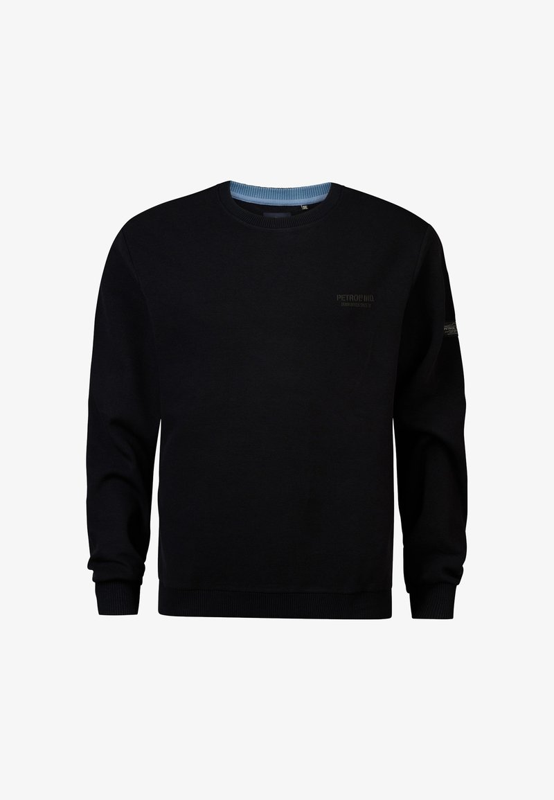 Schwarzer Sweatshirt mit Rundhalsausschnitt und langen Ärmeln. Mit einem blauen Rippkragen und dezentem Branding auf der Brust und dem Ärmel. Weicher Stoff.