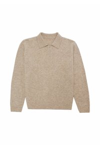 Beiger Strick-Polo-Pullover mit Kragen, drei Knöpfen, langen Ärmeln sowie geripptem Saum und Ärmeln. Weiche Textur, lässiges Design.