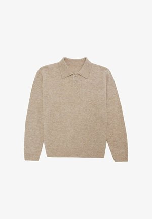 Pull en polo beige tricoté avec col, patte de boutonnage à trois boutons, manches longues et ourlet et poignets côtelés. Texture douce, design décontracté.