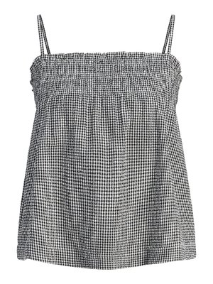 Svart-hvitt gingham-mønstredd ermeløs topp med tynne stropper og smokkebånd med elastisk halsringning.