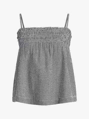 Μπλούζα χωρίς μανίκια με ασπρόμαυρο καρό μοτίβο gingham, λεπτές τιράντες και ελαστικό σούρωμα στο λαιμό.