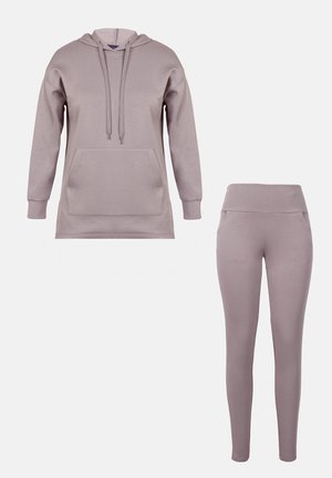 Light gray hooded sweatshirt with a front pouch pocket, accompanied by matching fitted leggings. Both made from soft, stretchy fabric.