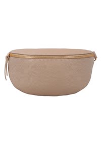Beige textured leather waist bag with a gold zipper and a strap on each side.