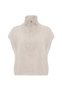 Cremefarbener, flauschiger Pullover mit kurzen Ärmeln, hohem Kragen und halbseitigem Reißverschluss auf der Vorderseite, auf einem weißen Hintergrund präsentiert.