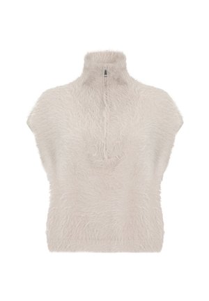Pull court à manches courtes de couleur crème, à col montant et fermeture éclair frontale mi-haute, présenté sur un fond blanc.