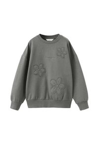 Felpa grigia con maniche lunghe, scollo rotondo e dettaglio di ricamo floreale. Tessuto morbido con polsini e orlo a coste.