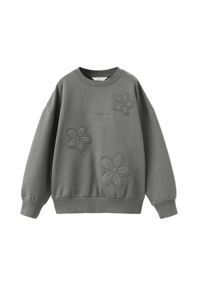 Felpa grigia con maniche lunghe, scollo rotondo e dettaglio di ricamo floreale. Tessuto morbido con polsini e orlo a coste.