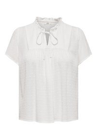 Valkoinen lyhythihainen pusero, jossa röyhelökaulus, avonainen avainreikäyksityiskohta ja teksturoitu pilkkuverkku koko kankaassa. Pehmeä, kevyt kangas.