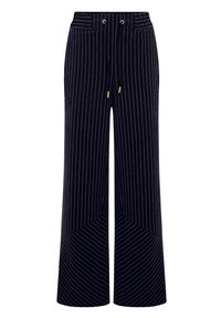 Weite Hose aus dunkelblauem Cord mit weißen vertikalen Streifen. Mit einem Kordelzugbund und einem schräg geschnittenen Saum für ein geometrisches Muster.