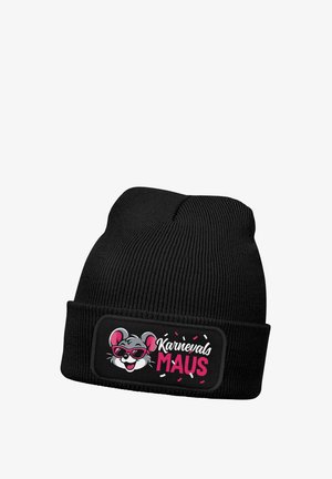 Black knit beanie with a patch showing a smiling mouse wearing pink sunglasses and the text "Karnevals Maus" in white and pink letters.