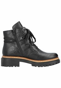 Black leather ankle boot with round toe, lace-up front, side zipper, and chunky, ridged sole. Features contrasting tan stitching detail.