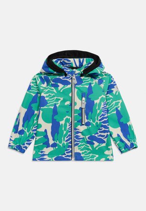 Kinderjack met kap, voorzien van een blauw-groen abstract bloemmotief, ritssluiting aan de voorkant en een ritssluiting op de borstzak.