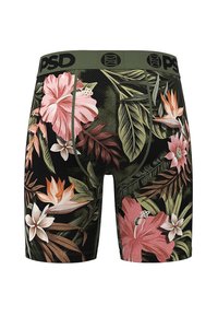 Czarne bokserki z kwiatowym wzorem przedstawiającym różowe hibiskusy i białe kwiaty, wykonane z miękkiego materiału z elastycznym zielonym paskiem w talii.