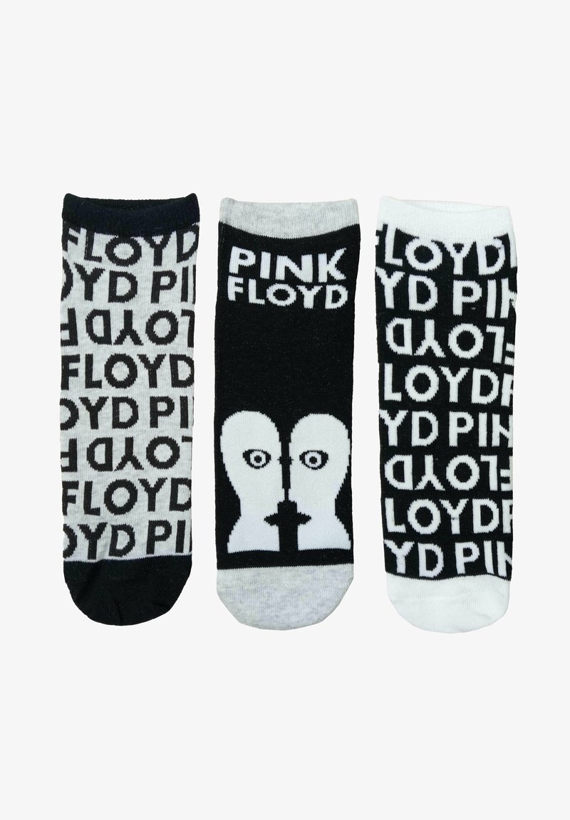 Drei Paar Baumwollsocken in einer Mischung aus Schwarz und Grau. Die Designs beinhalten den Schriftzug "PINK FLOYD" und eine Grafik mit zwei weißen Gesichtern.
