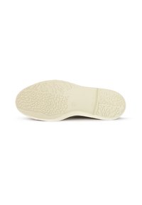 Suela de zapato de goma, color beige claro, con un patrón de agarre texturizado que presenta surcos distintivos y acentos elevados para mayor tracción.