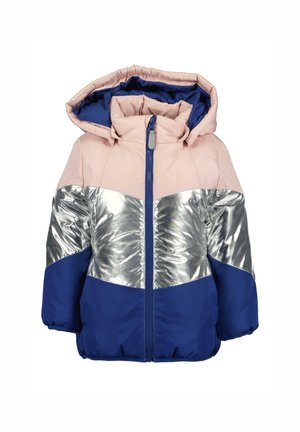 Gesteppten Jacke mit Kapuze, in Pink oben, silbernem Metallstreifen und navyblauen unteren Panels. Reißverschluss und elastische Bündchen.