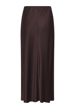 Jupe longue marron en tissu lisse, dotée d'une taille élastique et d'une coupe simple et droite, sans motifs ni accents visibles.