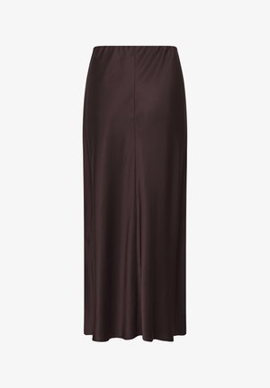 Lunga gonna marrone realizzata in tessuto morbido, con una vita elastica e un design semplice e dritto senza motivi o dettagli visibili.