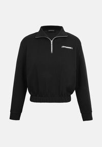 Pull-over noir à manches longues avec une demi-fermeture éclair à l'avant, col, taille élastique, manches à poignets, et une petite poche zippée horizontale sur la poitrine.