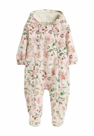Einteiler mit Blumenmuster in Pink und Kapuze. Verfügt über elastische Bündchen und ein weiches, warmes Innenfutter. Hergestellt aus einem Baumwollmischgewebe.