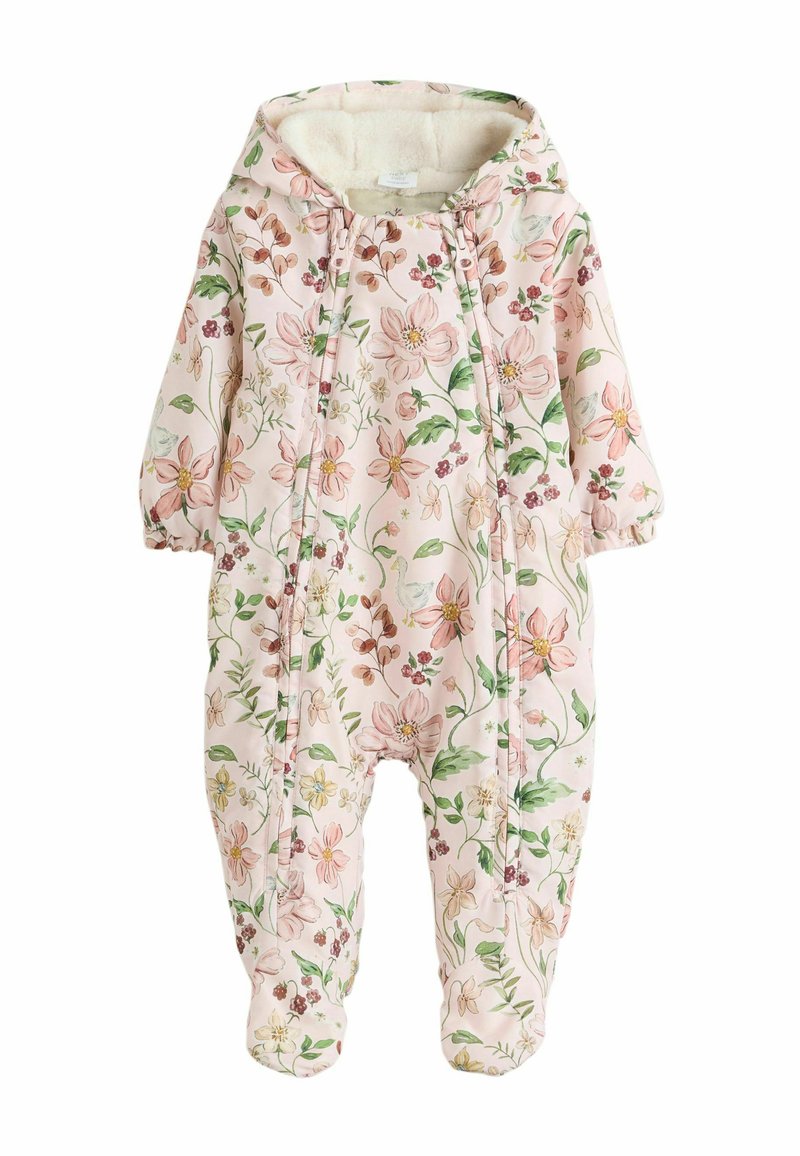 Blomstret, lyserød heldragt med hætte. Har elastiske manchetter og en blød, varm foring. Fremstillet af en bomuldsblanding.