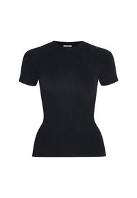 Zwarte katoenen t-shirt met korte mouwen en een slimfit ontwerp, ronde halslijn en een gladde textuur. Minimalistische stijl, geen zichtbare patronen of accenten.