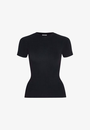 T-shirt en coton noir à manches courtes avec une coupe ajustée, col ras du cou et texture lisse. Style minimaliste, sans motifs ni accents visibles.