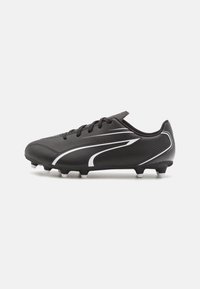 Scarpe da calcio nere realizzate in materiale sintetico, con dettagli bianchi, design con lacci e tacchetti moldati per una migliore aderenza.