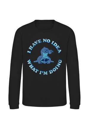 Zwarte sweatshirt met een blauw stripfiguur dat een handstand doet en tekst eromheen met de tekst "I have no idea what I'm doing."